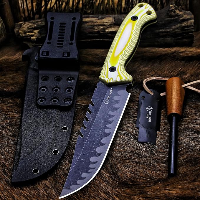 BA-KOR 12.4in Full Tang Fixed Blade Hunting Knife โ 6mm 9CR18MoV Steel, G10 Handle, Stonewashed Sawback Blade with Kydex Sheath & Fire Starter for Outdoor, Camping, Survival (White and yellow stripes)