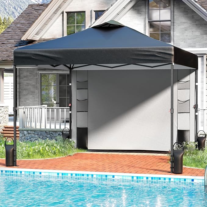 10'x10' Pop Up Canopy Tent with 1 Sidewall and 6 Pockets, One Push Setup, Instant Shade Tent with Vented Roof for Beach Patio Outdoor, Case, 8 Stakes, 4 Ropes, 4 Sandbags (Black, 10x10)