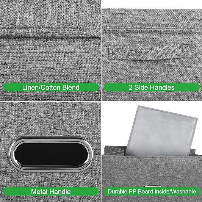 Linen Fabric Collapsible Storage Bins with Removable Lids and Handles, Washable Storage Box Containers Baskets Cube with Cover for Bedroom,Closet,Office,Living Room,Nursery (Khaki, Medium)