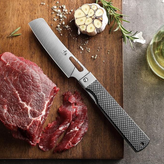 SENBON 440 Stainless Steel Sharp Pocket Folding Chef Fruit Knife Peeling Carbon Fiber Handle Camping Barbecue Outdoor Kitchen Knife with Back Clip