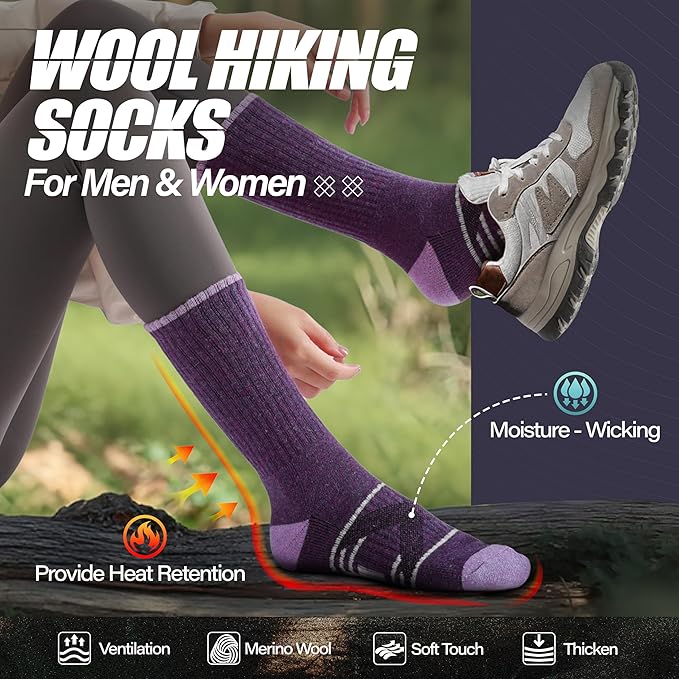 ANTSANG 5 Pairs Merino Wool Hiking Socks for Men & Women Thermal Winter Warm Moisture Wicking Cushion Boot Socks