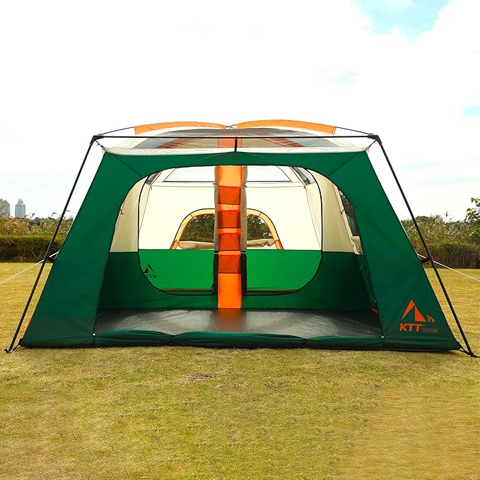 KTT Extra Large Tent 6-10-12-14 Person(A),Family Cabin Tents,2 Rooms,3 Doors and 3 Windows with Mesh,Straight Wall,Waterproof,Double Layer,Big Tent for Outdoor,Picnic,Camping,Family Gathering