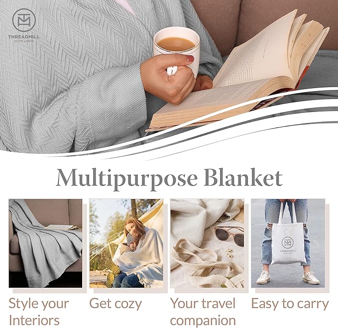 Threadmill Luxury Cotton Blankets for Twin Size Bed | All-Season 100% Cotton Twin Blanket for Bed | Herringbone Soft & Cozy Fall Thermal Blanket, 350GSM, 68x90 inches | Light Grey