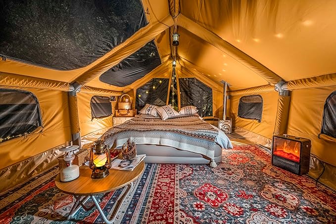 Panda Inflatable Tents for Camping with Stove Jack, Canvas Blow Up, Easy Setup Inflatable Tent, Waterproof Hot Inflatable Outdoor House, Casa de Campaña with Hand Pump