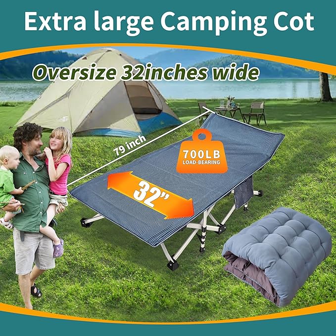 2 Pack 79" L x 32" W x 18" H Oversize XXL Camping Cot with Comfortable Mattress for Adults Extra Wide Cots for Sleeping with Carry Bag Folding Cot Heavy Duty Camping Bed for Home Office Outdoor