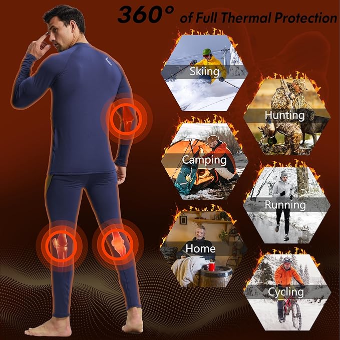 romision 2 Pack Thermal Underwear for Men Long Johns Fleece Lined Hunting Gear Bottom Top Set Base Layer Cold Weather XS-4XL