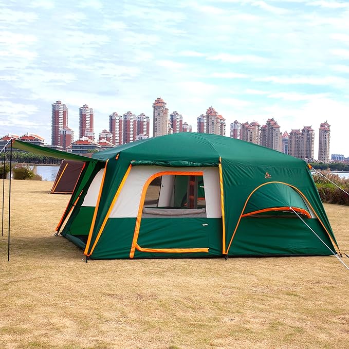 KTT Extra Large Tent 6-10-12-14 Person(A),Family Cabin Tents,2 Rooms,3 Doors and 3 Windows with Mesh,Straight Wall,Waterproof,Double Layer,Big Tent for Outdoor,Picnic,Camping,Family Gathering