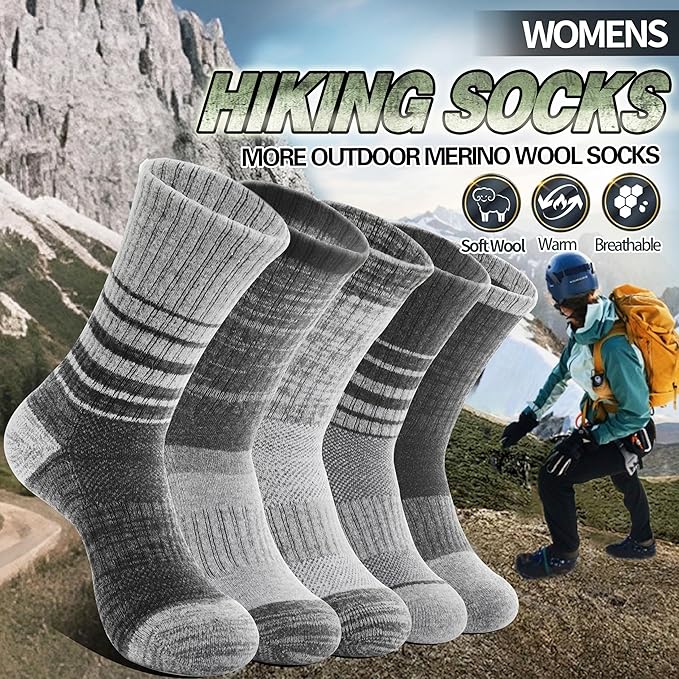 Anlisim Merino Wool Hiking Socks for Women Thermal Winter Warm Boot Work Cushion Socks 5 Pairs