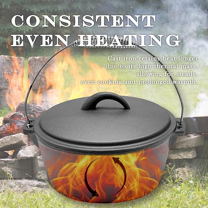 Cuisiland 4.5QT Cast Iron Dutch Oven with Dome Lid & Bail Handle – Pre-Seasoned Campfire Pot for Outdoor Cooking, Baking, Braising & Stews – Heavy-Duty, Even-Heat Casserole Pot for Camping & Home Use