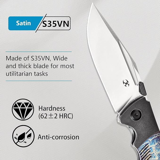 KANSEPT Hinterland Pocket Folding Knives for Men EDC Camping Folding Knife 3.58'' Satin CPM S35VN Blade Pocket Knife with Blackwash Titanium Lightning Strike Finished Titanium Inlay Handle K1057A5