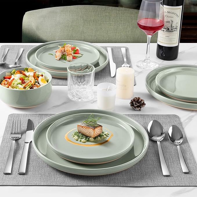 LIANYU Porcelain Dinnerware Set for 4, 12 PC Stoneware Dinner Plates and Bowls, Ceramic Dining Dishes Set for Dessert Salad Pasta, Microwave & Dishwasher Safe, Fog Green