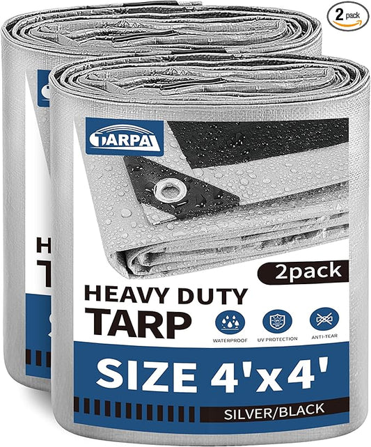 TARPAL 4x4 Feet Tarps Silver 10.5Mil(2-Pack) Multipurpose Protective Cover Heavy Duty Tarp Waterproof,Snow or UV Protection,Durable Reinforced Edges