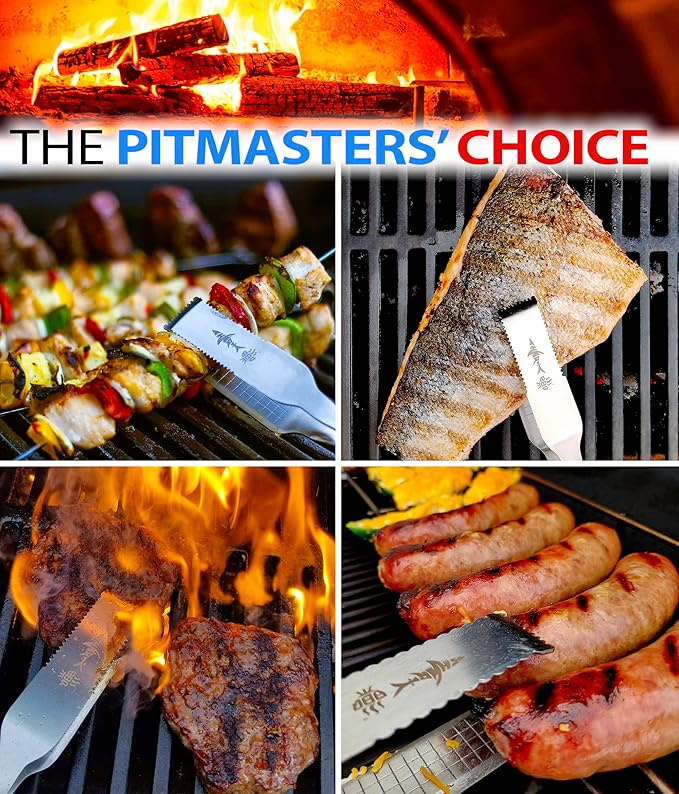 Shark BBQ Tongs for Steaks, 2-Pack 17" & 13" Professional Kitchen and Outdoor Grilling Utensil Set, by Shark BBQ Grill Tongs -(Black)