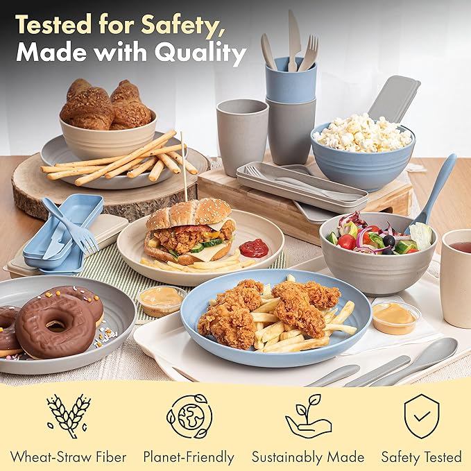 FOODLE Wheat Straw Dinnerware Set - BPA Free & Safety Certified - Microwave & Dishwasher Safe - Perfect for Kids, College Dorm, Picnic, Camper, RV Dishes - Camping Plates Cups and Bowls Set - For 6