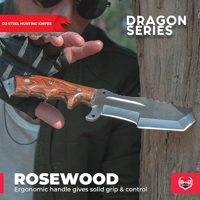 10" Handmade D2 Steel- Fixed Blade Hunting Knife With Sheath-Rosewood Handle-Full Tang Survival, Tactical, Camping, Bushcraft knife-Ideal For EDC-Outdoor-Best Hunting Knives For Men.