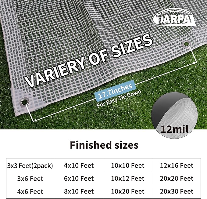 TARPAL 10'x12' Clear White Tarp Heavy Duty Waterproof 12mil with Grommets or Zip Ties for Large Greenhouses for Outdoors Garden,Farm,Chicken Coops