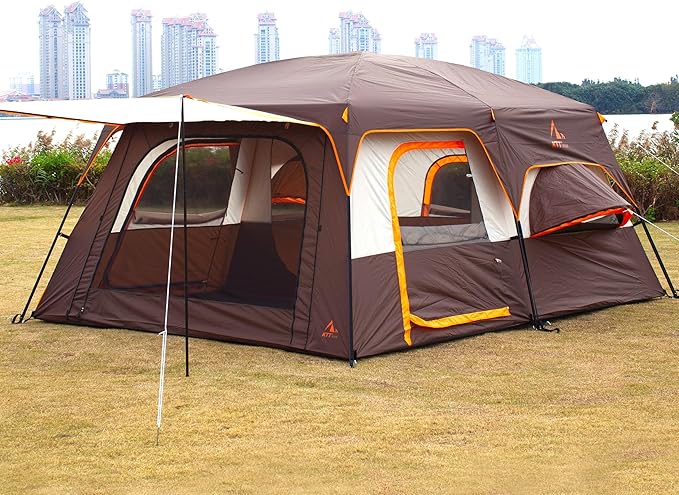 KTT Extra Large Tent 6-10-12-14 Person(A),Family Cabin Tents,2 Rooms,3 Doors and 3 Windows with Mesh,Straight Wall,Waterproof,Double Layer,Big Tent for Outdoor,Picnic,Camping,Family Gathering