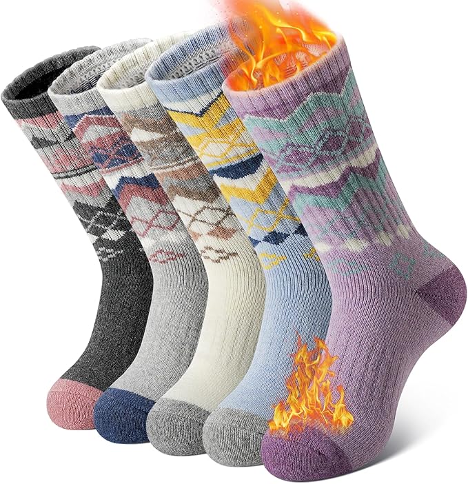 SIMIYA 5 Pairs Merino Wool Socks for Women Winter Thick Warm Hiking Socks Women Thermal Crew Cushion Socks