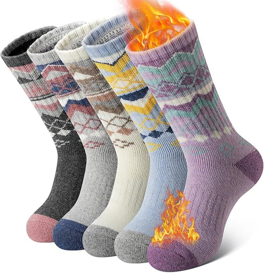 SIMIYA 5 Pairs Merino Wool Socks for Women Winter Thick Warm Hiking Socks Women Thermal Crew Cushion Socks