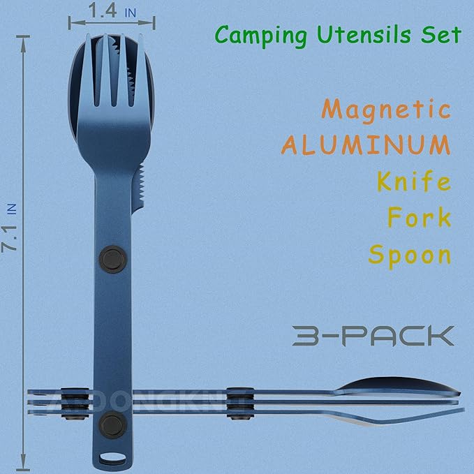 Magnetic Camping Utensil Set, Travel Cutlery Set, Knife, Fork & Spoon, Flatware Utensils for Camping, Cooking, and Outdoor Dining, 3-Pack, Blue