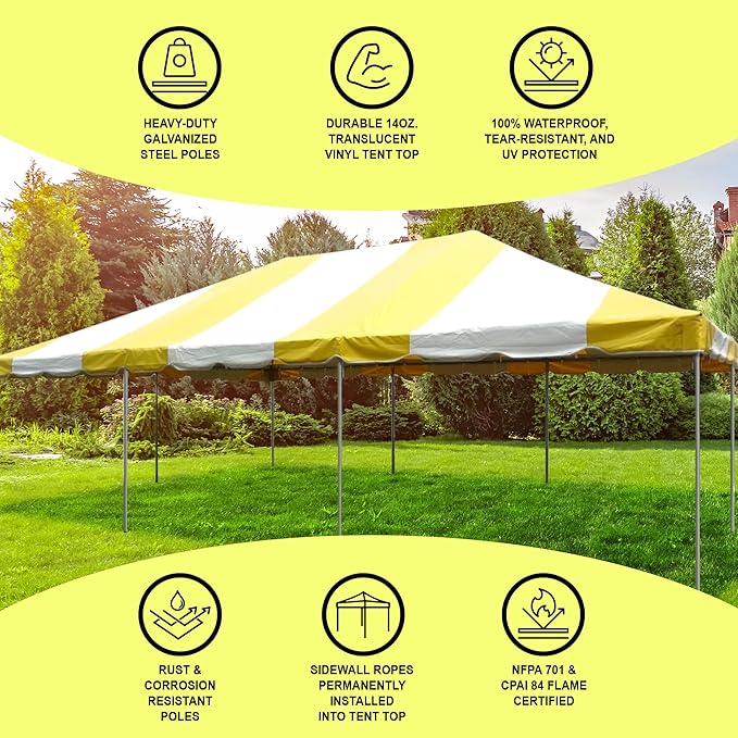 Party Tents Direct 20'x40' Weekender West Coast Tent Frame Party Tent (Yellow/White) PVC Top with Storage Bag - Tents for Parties, Weddings, Birthdays, Banquets, Fiestas, Workshop, Outdoor Event