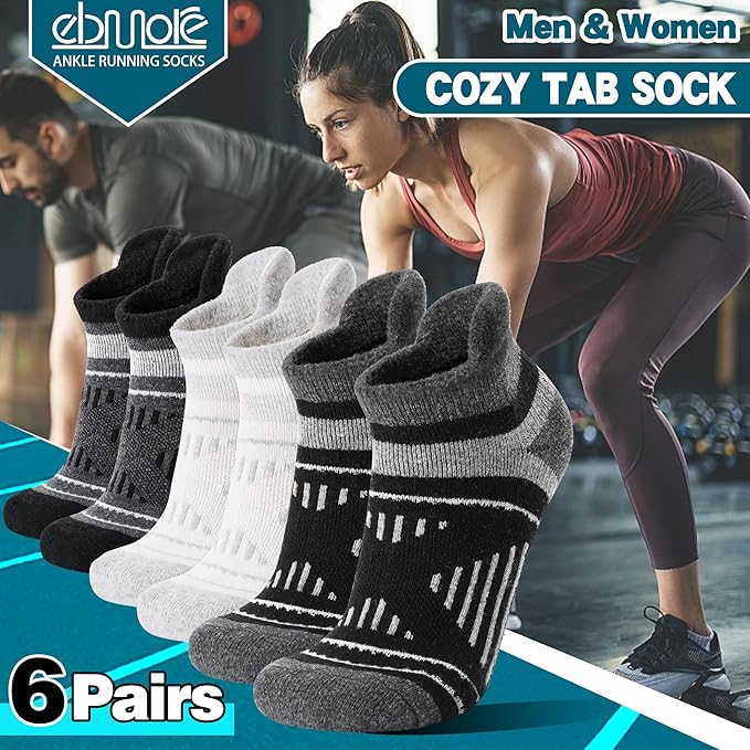 EBMORE 6 Pairs Merino Wool Ankle Hiking Running Socks Compression Support Thick Cushion No Show Socks for Men Women