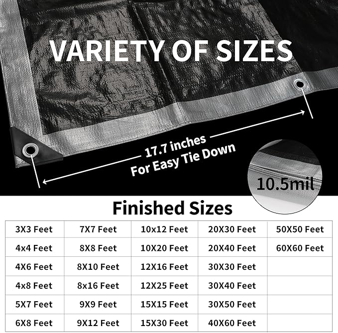 TARPAL 5x7 Feet Tarps Silver 10.5Mil(2-Pack) Multipurpose Protective Cover Heavy Duty Tarp Waterproof,Snow or UV Protection, Durable Reinforced Edges