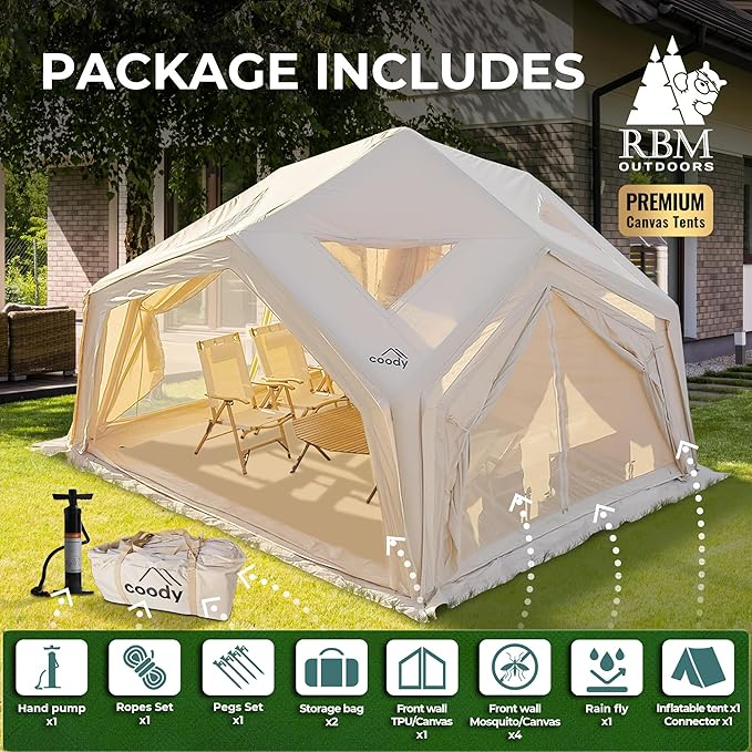 Coody | Rbm Outdoors Koala/Hub/Octopus Inflatable Tents for Camping with Stove Jack, 2/8/10 Person Luxury Canvas Blow Up Tent, 2 Room, Easy Setup Casa de Campaña, Large Inflatable House with Pump