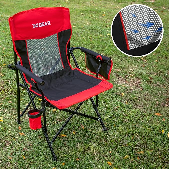 Camping Chair for Adults 350 LBS Support Camp Chair with Breathable Mesh Back Fabric with Arm Rest Cup Holder and Portable Carrying Bag