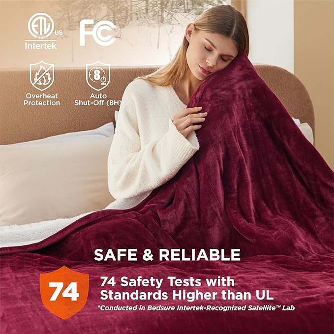 Bedsure Electric Blanket Queen Size - Dual Control Heated Blanket Queen, Fast Heating with 10 Time Settings & 10 Heat Settings, Warm Gift for Grandma (84x90 inches, Burgundy)