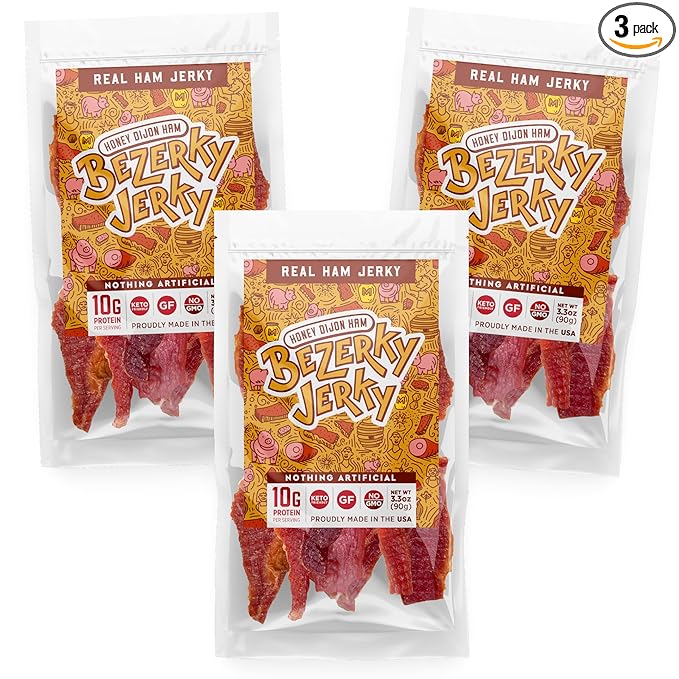 All Natural Real Ham Jerky | Honey Dijon | Small Batch Handcrafted | Old Fashioned | Low Fat High Protein Ham Meat | Gluten-Free | Non-GMO | No Nitrates | Healthy American Bezerky Jerky | 3 Packs