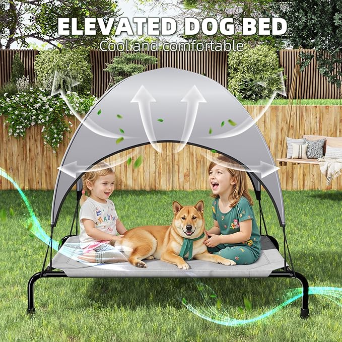 Simple Trending Raised Dog Bed for Large Dogs with Canopy, Waterproof Elevated Dog Bed, Breathable Big Pet Cot, Grey