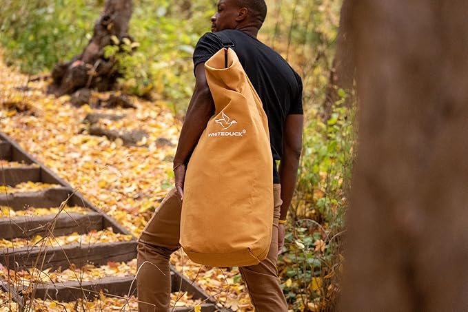 WHITEDUCK Top Load Canvas Folding Duffel Bag, Water Resistant Army Style Shoulder Bag for Men and Women- Gym, Sports, Travel, Hiking, Camping, Backpacking (Small 21" x 36",Tan)