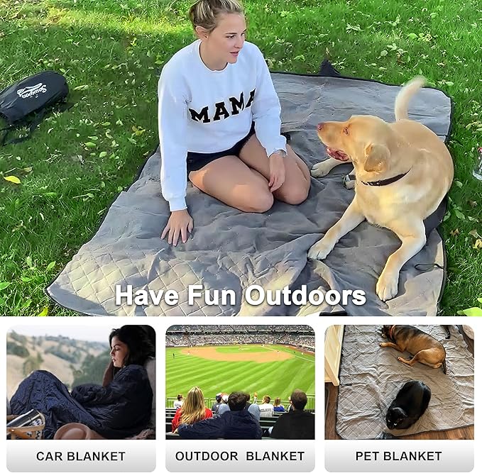 Waterproof Outdoor Blanket 82”X 55” Packable, Stadium Blankets for Camping with Fleece Lining, Large Windproof Emergency Throw Mat for Garss Picnic Hiking Road Trip, Machine Washable, Black 280GSM