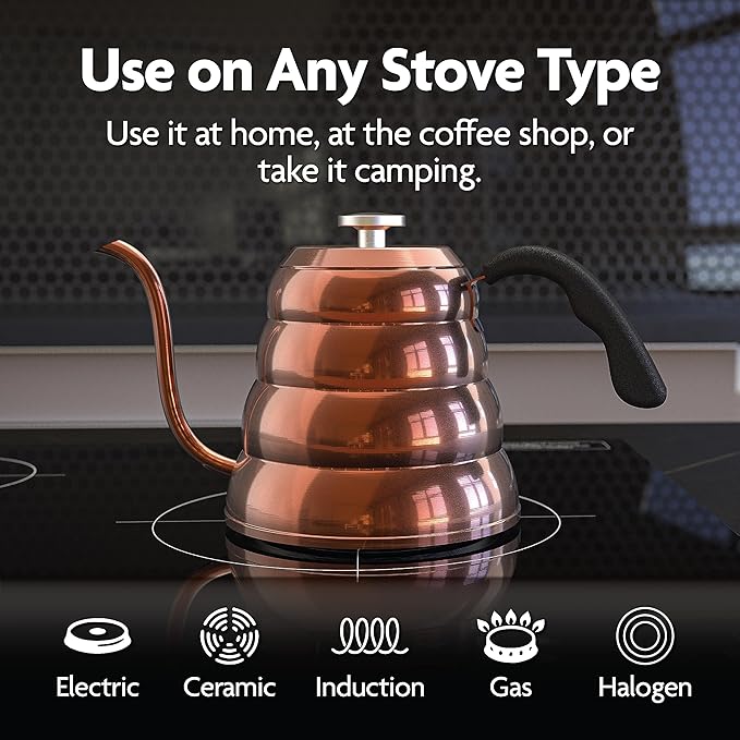 Vianté Gooseneck Stovetop Pour Over Coffee Kettle with Thermometer for Drip Coffee and Tea. Premium Copper Stainless Steel. 40 fl oz. All Coocktops.