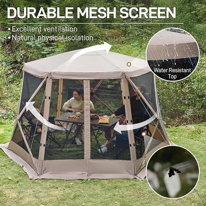 EVER ADVANCED Pop up Screen House Tent for Camping 11.5 x 9.8 ft, Instant Screened Gazebo Canopy with Netting, Portable Shelter Enclosure for Outdoor, Backyard, Khaki