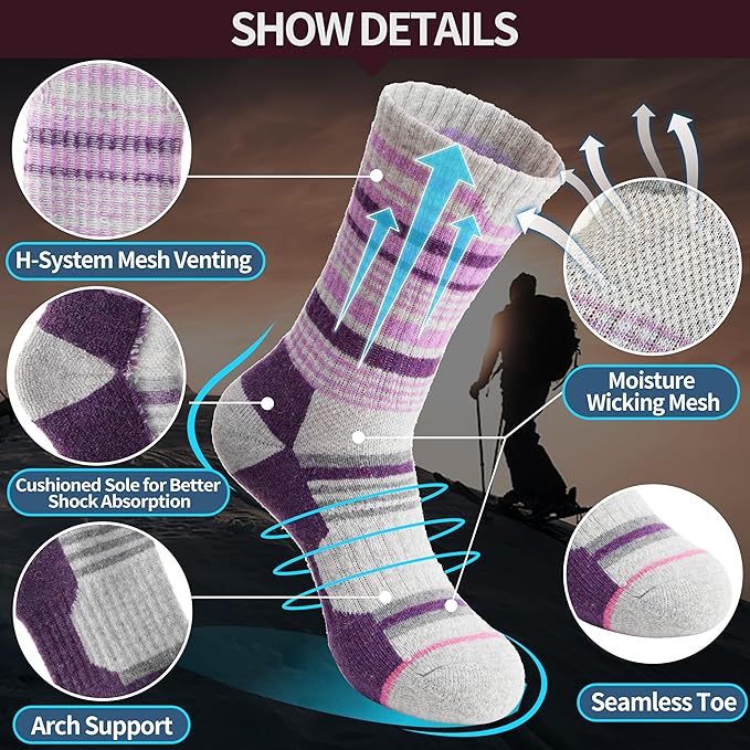 Anlisim Merino Wool Hiking Socks for Women Thermal Winter Warm Boot Work Cushion Socks 5 Pairs