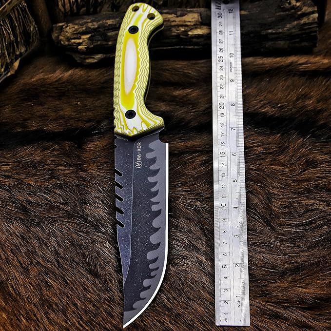 BA-KOR 12.4in Full Tang Fixed Blade Hunting Knife โ 6mm 9CR18MoV Steel, G10 Handle, Stonewashed Sawback Blade with Kydex Sheath & Fire Starter for Outdoor, Camping, Survival (White and yellow stripes)