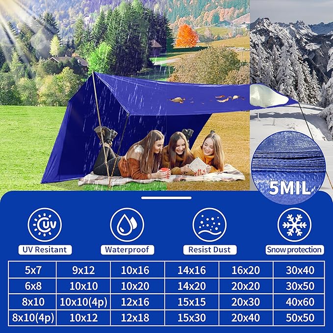 Tarp 15x30 ft 100% Waterproof Uv Resistant High Durability Multipurpose 5mil Blue Tarp for Covering Courtyards, Cars, Camping, Gardens, Pet Nests -by MVPNET