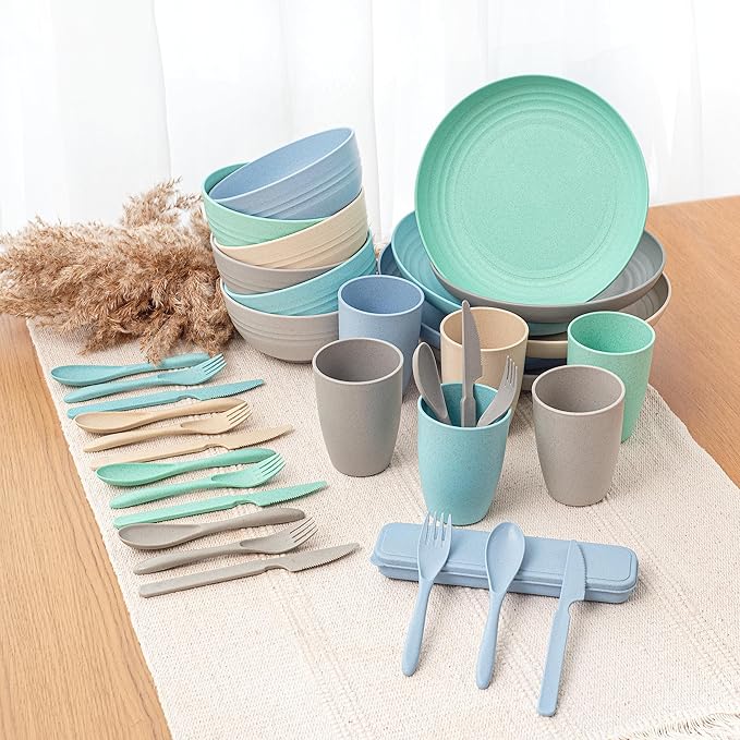 FOODLE Wheat Straw Dinnerware Set - BPA Free & Safety Certified - Microwave & Dishwasher Safe - Perfect for Kids, College Dorm, Picnic, Camper, RV Dishes - Camping Plates Cups and Bowls Set - For 6