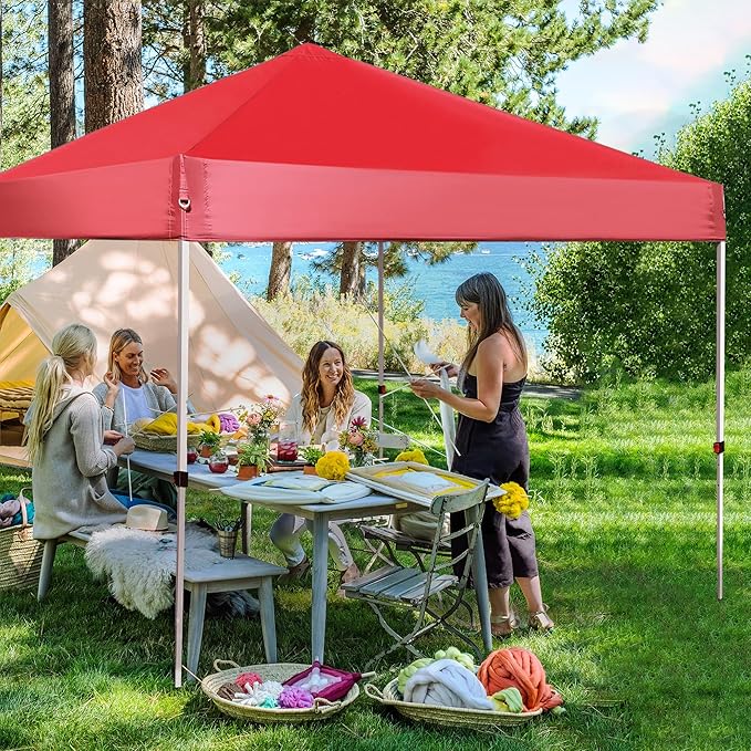 Pop Up Canopy 8X8 FT,Portable Sun Instant Shelter w/Backpack Bag,Waterproof,Adjustable Straight Leg Heights Canopies,Outdoor Tents for Parties,Camping,Commercial Event,Red
