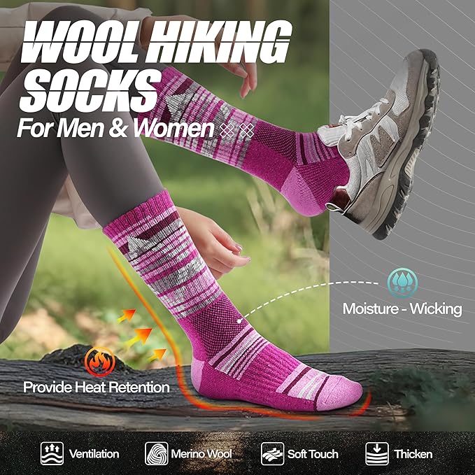 ANTSANG Merino Wool Hiking Socks for Men & Women 5 Pairs Thermal Warm Winter Thick Cushion Moisture Wicking Crew Boot Socks