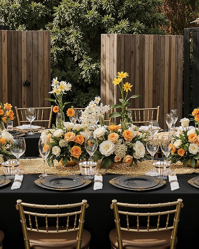 Nervure 175PCS Black Plastic Plates - Disposable Black Gold Party Plates & Pre Rolled Napkins with Cutlery for 25 Guests, 50Plates, 75Silverware, 25Cups, 25Napkin for Wedding & Party & Halloween