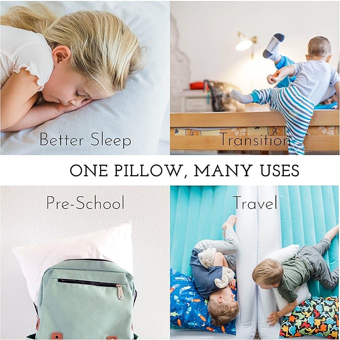 Little Sleepy Head Toddler Pillow with Pillowcase 13x18 - Kids Pillow for Sleeping - Better Neck Support Ergonomic Pillow and Toddler Pillowcase - Best Pillows for Kids (Dinosaurs Pink)