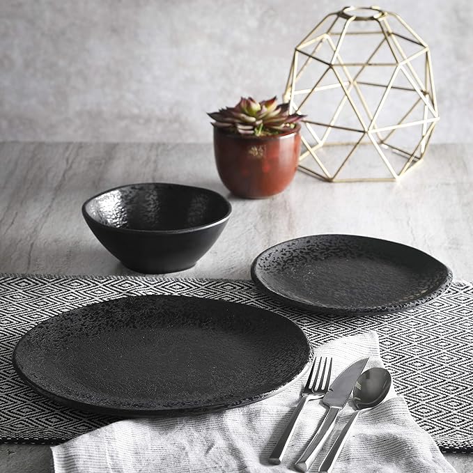 Gibson Home Yoko Round Melamine Plastic Dinnerware Set, Service for Four (12pcs), Matte Black