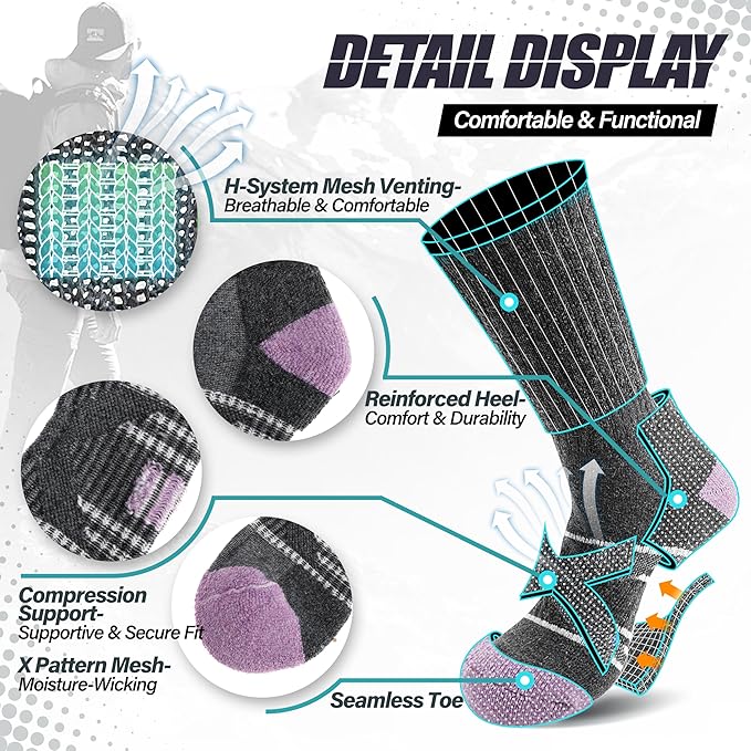 ANTSANG 5 Pairs Merino Wool Hiking Socks for Men & Women Thermal Winter Warm Moisture Wicking Cushion Boot Socks