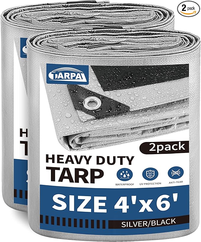 TARPAL Small Tarps 4x6 Feet(2-Pack) Heavy Duty Tarp 10.5Mil Multipurpose Protective Cover Waterproof,Snow or UV Protection,Durable Reinforced Edges,Silver/Black
