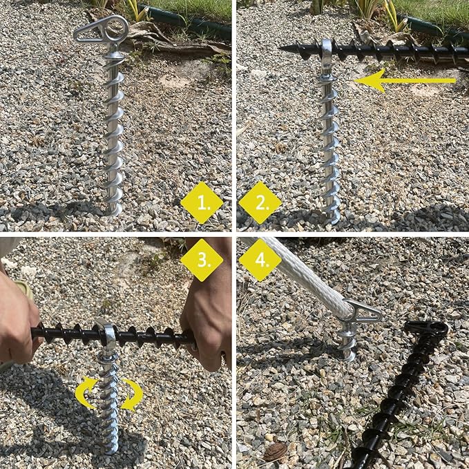 11" Aluminum Screw-in Ground Anchors - Heavy Duty Metal, Non-Rust Spiral Tent Stakes for High Wind, Grass, Sand, Camping, Canopies, Trampolines & Outdoor Securing
