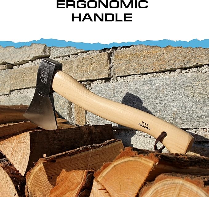 Prandi Axes German C45 Forged Carbon Steel Hatchet - Hickory Handle with Leather String - Ideal for Camping, Travel and Bushcraft - S/N 3.003.08.TH - 15" L x 6.42" W, 800g Polished Head, No Sheath