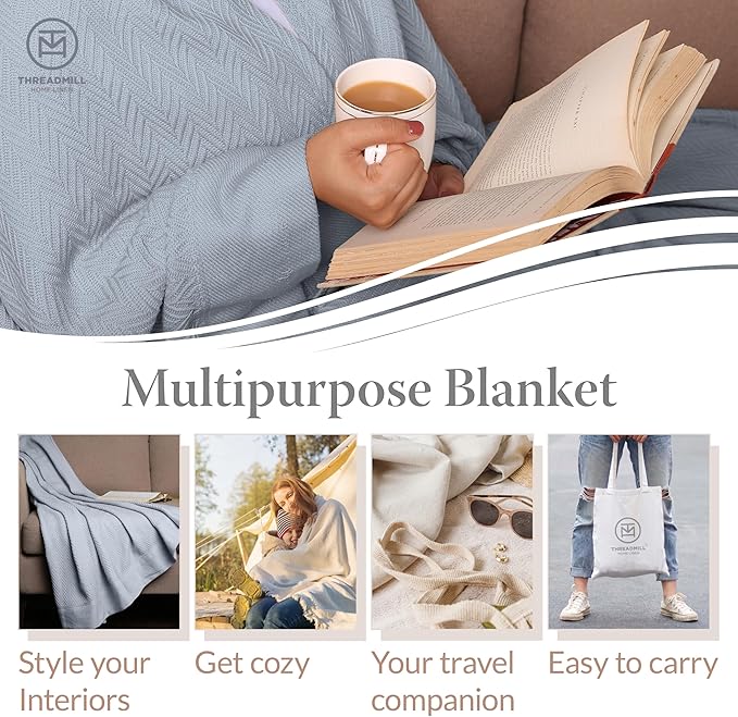 Threadmill Luxury Cotton Blankets for Twin Size Bed | All-Season 100% Cotton Twin Blanket for Bed | Herringbone Soft & Cozy Fall Thermal Blanket, 350GSM, 68x92 inches | Scottish Grey